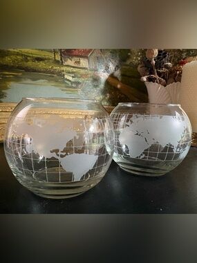 VTG Etched Glass World Globe Oil Candle Base Set of 2 (No Wicks, No Oil)